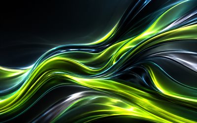 4k, lime 3D waves, creative, lime futuristic background, dark abstraction, lime 3D curves, abstract wavy background, abstract curves, artwork, abstract waves, lime black backgrounds, abstract backgrounds