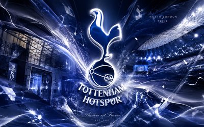 Tottenham Hotspur FC, 4k, English football club, Tottenham Hotspur FC logo, football art, blue abstract background, Tottenham Hotspur FC emblem, Premier League, Tottenham Hotspur logo, football, England, Tottenham Hotspur