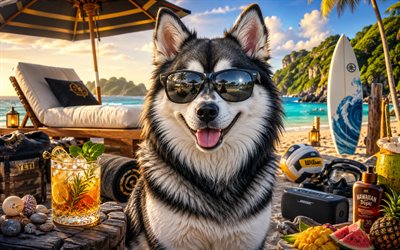 Alaskan Klee Kai, 4k, summer, tropical beach, beach accessories, sea, sun lounger, sunglasses, Alaskan Klee Kai on beach, dogs, cocktail, cute animals, beach, pets, dog in sunglasses, Alaskan Klee Kai Dog
