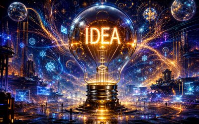 idea concepts, 4k, digital art, lightbulb, dark futuristic background, surrealism, burning light bulb, idea search, business concepts, light bulb background, idea