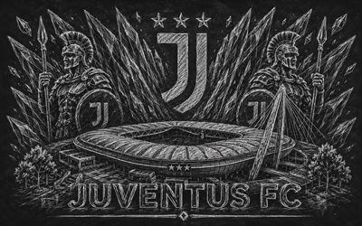 Juventus FC logo, 4k, Italian football club, Juventus FC, chalk art, Juventus FC emblem, gray background, Juventus Stadium, Juventus, Italy, football, Serie A, Juventus logo, Juve, Allianz Stadium