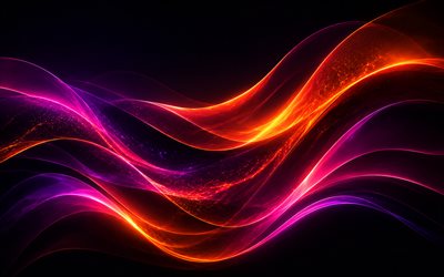 purple orange waves background, 4k, neon waves background, purple orange abstractions, black background, neon light waves background, abstract waves background