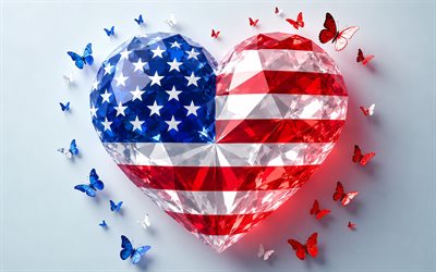 Flag of USA, 4k, American flag, I love USA, USA 3d flag, USA flag, 3d art, USA heart flag, USA