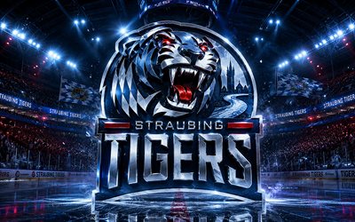Straubing Tigers metal logo, 4k, spotlights, ice arena, DEL, hockey, Straubing Tigers logo, hockey stadium, Straubing Tigers 3D logo, german hockey team, Straubing Tigers