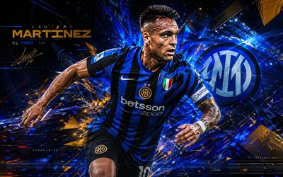 Lautaro Martinez, Inter Milan, blue black abstract digital background, Lautaro Martinez Inter Milan, Lautaro Martinez Internazionale, Inter Milan logo, football, FC Internazionale