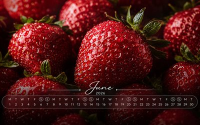 2026 June Calendar, 4k, strawberry, ripe fruits, June 2026, summer calendars, June 2026 Calendar, summer, June calendars, 2026 calendars, June