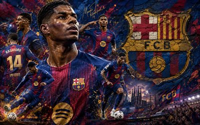 Marcus Rashford, FC Barcelona, 4K, stone background, FC Barcelona logo, Marcus Rashford FC Barcelona, mural art, football, Barcelona, Marcus Rashford Barcelona