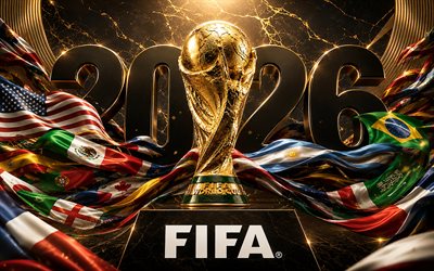 4k, 2026 FIFA World Cup, flags, 3D digits, FIFA World Cup Trophy, dark luxurious background, golden glare, football, FIFA World Cup art, FIFA World Cup 2026, creative, golden trophy, soccer, FIFA World Cup