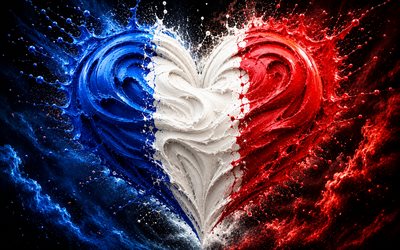 I Love France, 4k, blue red paint splashes, dark space background, Day of France, flag of France, heart with French flag, Europe, heart of paints, 3D hearts, French flag, France, Love for France