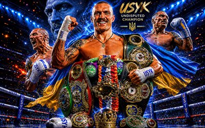 4k, Oleksandr Usyk, creative, boxing ring, Ukrainian professional boxer, World Champion, The Cat, Oleksandr Usyk Art, Ukraine, Oleksandr Usyk with belts, IBO, boxing, Oleksandr Usyk 4K