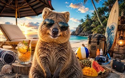 Quokka, 4k, summer, tropical beach, beach accessories, sea, sun lounger, sunglasses, Quokka on beach, cocktail, cute animals, beach, funny animals, Quokka in sunglasses, Cute Quokka