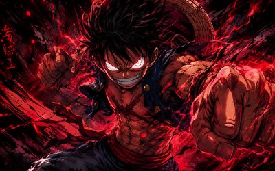 4k, Monkey D Luffy, red lightings, battle, One Piece, Gear Fifth, manga, darkness, One Piece characters, Monkey D Luffy chibi, Gear 5, artwork, Gomu Gomu no Mi, Monkey D Luffy One Piece