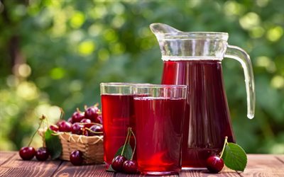 cherry juice, glass of juice, fruit juices, red juice, cherries, jug of cherry juice, cherry drink