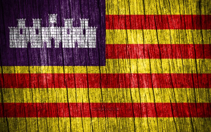 4K, Flag of Balearic Islands, Day of Balearic Islands, spanish provinces, wooden texture flags, Balearic Islands flag, Provinces of Spain, Balearic Islands, Spain