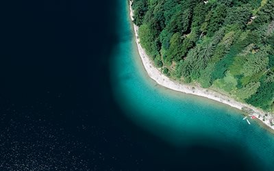 4k, aerial view, blue lake, forest, coast, beautiful nature, blue water, ecology concets, empty beach, ecology, wildlife