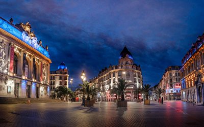 Theater Square, Lille, evening, city lights, lanterns, Lille cityscape, buildings, France