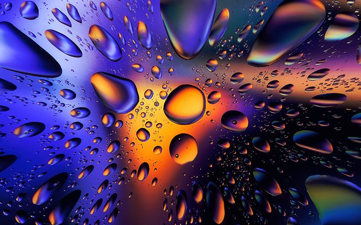 ガラスに滴る, 水滴パターン, 大きい, 水滴のテクスチャ, 青い背景, 水滴, 滴の背景