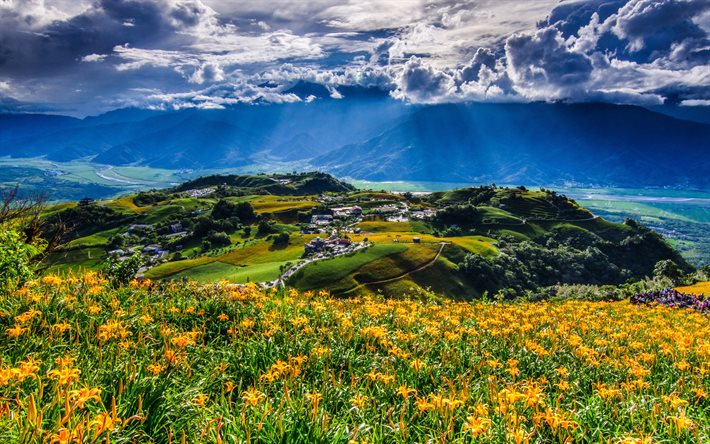 taiwán, 4k, hdr, montañas, valles, flores, prados, pueblos, asia