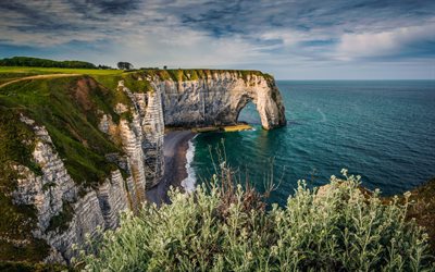 Alabaster Coast, Normandy, coast, rocks, evening, sunset, English Channel, Cote dAlbatre, Cliffs, French coast, France