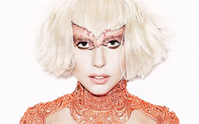 Lady Gaga, portrait, american singer, photoshoot, orange dress, Stefani Joanne Angelina Germanotta, Lady Gaga portrait, world star