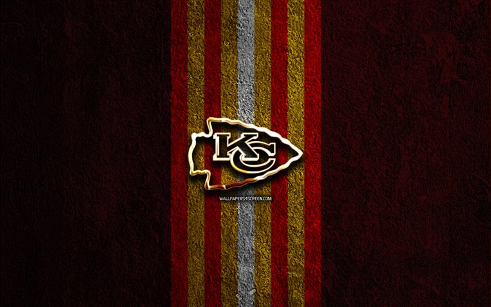 Kansas City Chiefs golden logo, 4k, red stone background, NFL, american football team, Kansas City Chiefs logo, american football, Kansas City Chiefs