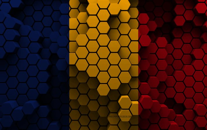 4k, tchads flagga, 3d hexagon bakgrund, tchad 3d flagga, tchads dag, 3d hexagon textur, tchad nationella symboler, tchad, 3d bangladesh flagga, afrikanska länder