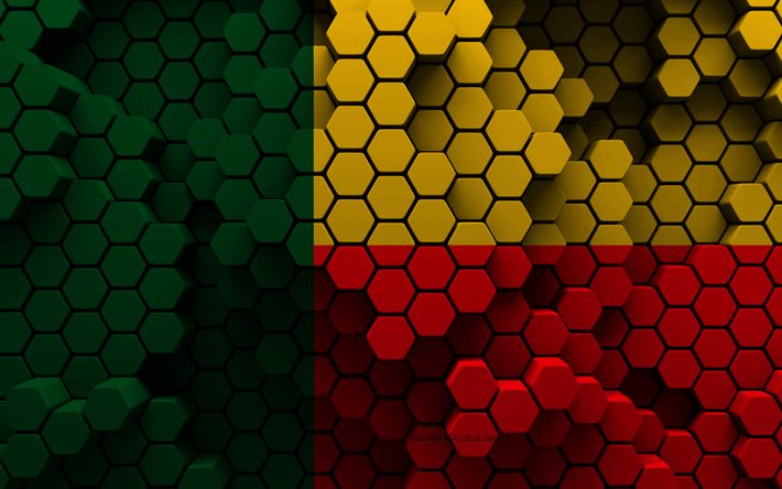 4k, bandera de benin, fondo hexagonal 3d, bandera 3d de benin, día de benin, textura hexagonal 3d, símbolos nacionales de benin, benin, países africanos