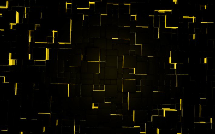 fondo de cubos 3d amarillo negro, fondo de arte digital 3d, fondo de cubos 3d, luces de neón amarillas, fondo 3d de luz amarilla, fondo 3d rojo creativo