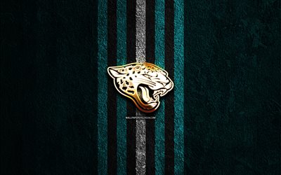 jacksonville jaguars gyllene logotyp, 4k, blå stenbakgrund, nfl, amerikanskt fotbollslag, jacksonville jaguars logotyp, amerikansk fotboll, jacksonville jaguars
