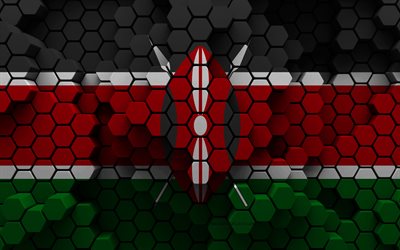 4k, 케냐의 국기, 3d 육각형 배경, 케냐 3d 플래그, 케냐의 날, 3d 육각 텍스처, 케냐 국가 상징, 케냐, 3차원, 깃발, 아프리카 국가