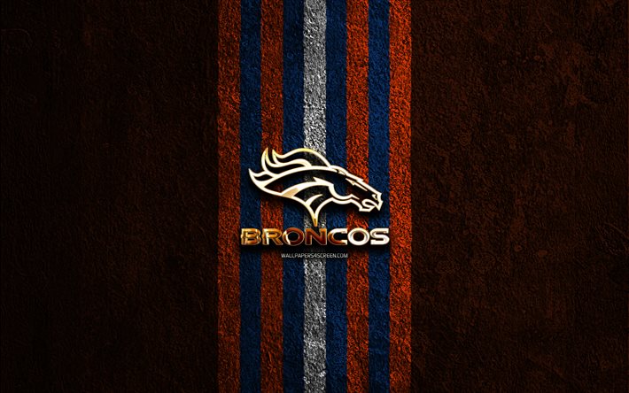Denver Broncos golden logo, 4k, orange stone background, NFL, american football team, Denver Broncos logo, american football, Denver Broncos