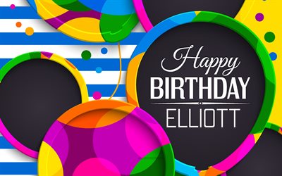 elliott happy birthday, 4k, abstrakti 3d-taide, elliottin nimi, siniset viivat, elliottin syntymäpäivä, 3d-ilmapallot, suosittuja amerikkalaisia miesten nimiä, happy birthday elliott, kuva elliottin nimellä, elliott