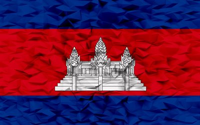 bandera de camboya, 4k, fondo de polígono 3d, textura de polígono 3d, día de camboya, bandera de camboya 3d, símbolos nacionales holandeses, arte 3d, camboya, países de asia