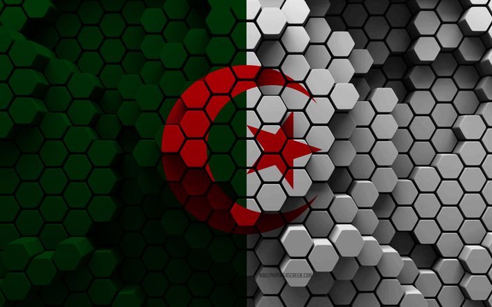 4k, bandera de argelia, fondo hexagonal 3d, bandera 3d de argelia, día de argelia, textura hexagonal 3d, símbolos nacionales de argelia, argelia, bandera de argelia 3d, países africanos