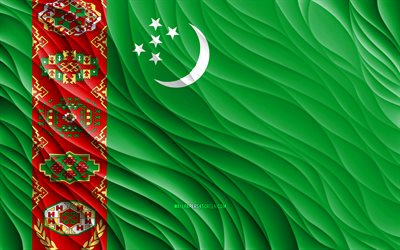 4k, drapeau turkmène, ondulé 3d drapeaux, les pays d asie, le drapeau du turkménistan, le jour du turkménistan, les vagues 3d, l asie, les symboles nationaux turkmènes, le turkménistan