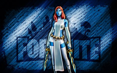 Mystique Fortnite, 4k, blue diagonal background, grunge art, Fortnite, artwork, Mystique Skin, Fortnite characters, Mystique, Fortnite Mystique Skin