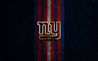 logo dorato dei new york giants, 4k, sfondo di pietra blu, nfl, squadra di football americano, logo dei new york giants, football americano, new york giants, ny giants
