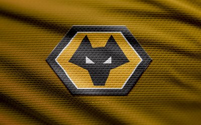 wolverhampton wanderers fabric logo, 4k, hintergrund des gelben stoffes, premier league, bokeh, fußball, wolverhampton wanderers logo, wolverhampton wanderers emblem, englischer fußballverein, wolverhampton wanderers fc