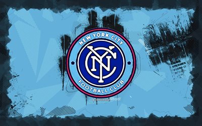 logotipo grunge da cidade de nova york, 4k, mls, fundo azul grunge, futebol, emblema do new york city fc, logotipo fc da cidade de nova york, american soccer club, nova york fc