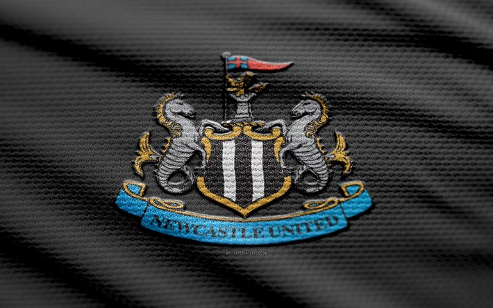 logotipo do newcastle united fabric, 4k, fundo de tecido preto, liga premiada, bokeh, futebol, logotipo do newcastle united, newcastle united emblem, clube de futebol inglês, newcastle united fc