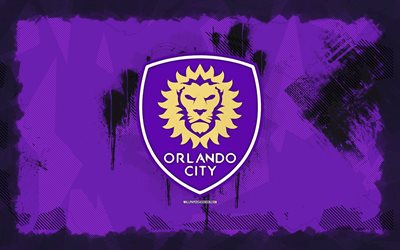 Orlando City SC grunge logo, 4k, MLS, violet grunge background, soccer, Orlando City SC emblem, football, Orlando City SC logo, american soccer club, Orlando City SC