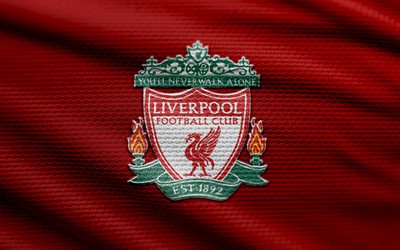 liverpool fc fabric logo, 4k, fundo de tecido vermelho, liga premiada, bokeh, futebol, logotipo do liverpool fc, liverpool fcemblem, clube de futebol inglês, liverpool fc, lfc