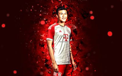 Kim Min-jae, 4k, red neon lights, Bayern Munich FC, Bundesliga, South Korean footballers, Kim Min-jae 4k, soccer, red abstract background, Kim Min-jae Bayern Munich