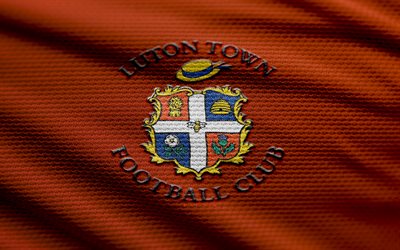 luton town fc fabric logo, 4k, orange tygbakgrund, elitserien, bokhög, fotboll, luton town fc  logotyp, luton town fc emblem, engelska fotbollsklubb, luton town fc