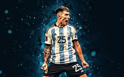 Lisandro Martinez, 4k, blue neon lights, Argentina National Football Team, soccer, footballers, blue abstract background, Argentinean football team, Lisandro Martinez 4K