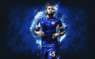 Christopher Nkunku, Chelsea FC, French footballer, midfielder, portrait, blue stone background, England, premier league, football, Nkunku Chelsea