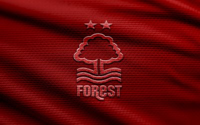 nottingham forest fc fabric logo, 4k, contexte de tissu rouge, première ligue, bokeh, football, logo nottingham forest fc, emblem de nottingham forest fc, club de football anglais, nottingham forest fc