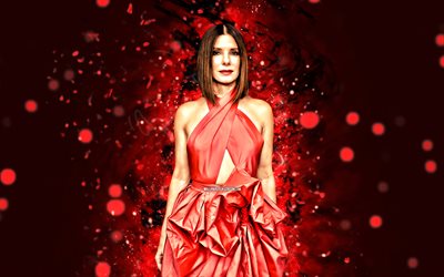 sandra bullock, 4k, néons rouges, actrice américaine, stars du cinéma, robe rouge, hollywood, contexte abstrait rouge, célébrité américaine, sandra bullock 4k