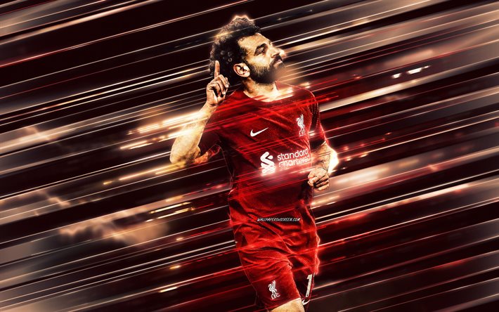 Mohamed Salah, Liverpool FC, Egyptian footballer, creative art, blades lines art, England, red background, football