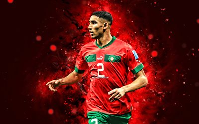 achraf hakimi, 4k, néons rouges, équipe nationale de football du maroc, football, footballeurs, contexte abstrait rouge, équipe de football marocaine, achraf hakimi 4k